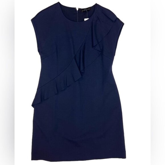 NWT BANANA REPUBLIC Crew Neck Asymmetrical Ruffle Navy Sheath Dress Lined Sz 8P - Picture 5 of 15